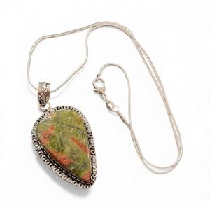 Handcrafted silver plated unakite pendant with silver plated snake chain